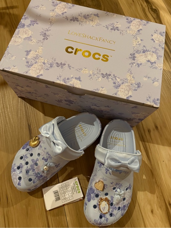 LoveShackFancy Shoes - LoveShackFancy Women’s Floral Clog Sandals in Light Blue with Gold Charms